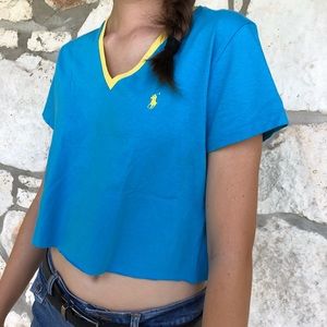 Bright blue and yellow cropped Ralph Lauren v-neck
